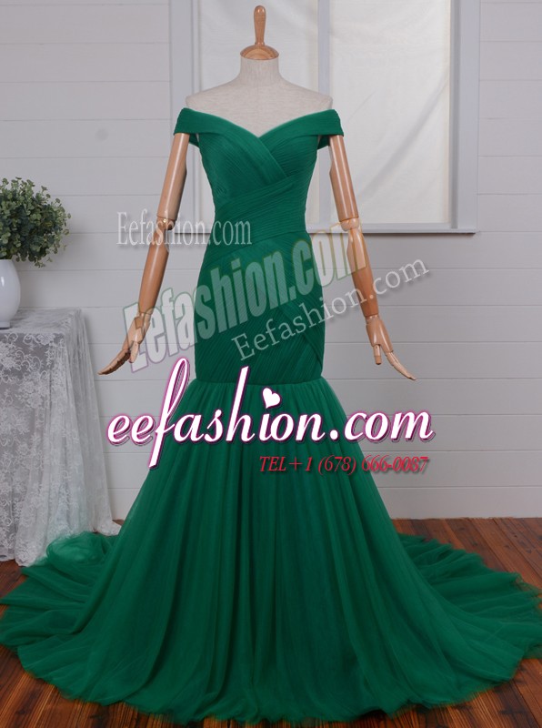  Mermaid Off the Shoulder Green Sleeveless Ruching Zipper Prom Dress