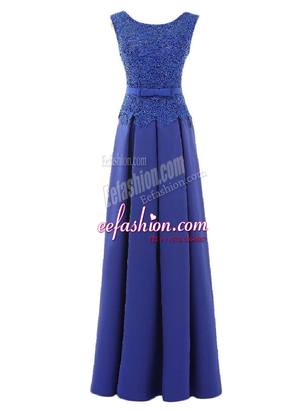Delicate Scoop Sleeveless Evening Dress Floor Length Lace and Belt Blue Satin
