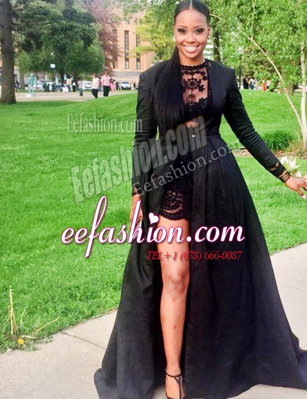 Discount Scoop Long Sleeves Floor Length Zipper Prom Gown Black for Prom and Party with Lace