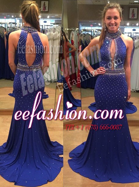  Mermaid Backless Royal Blue Sleeveless Court Train Sequins With Train Prom Gown