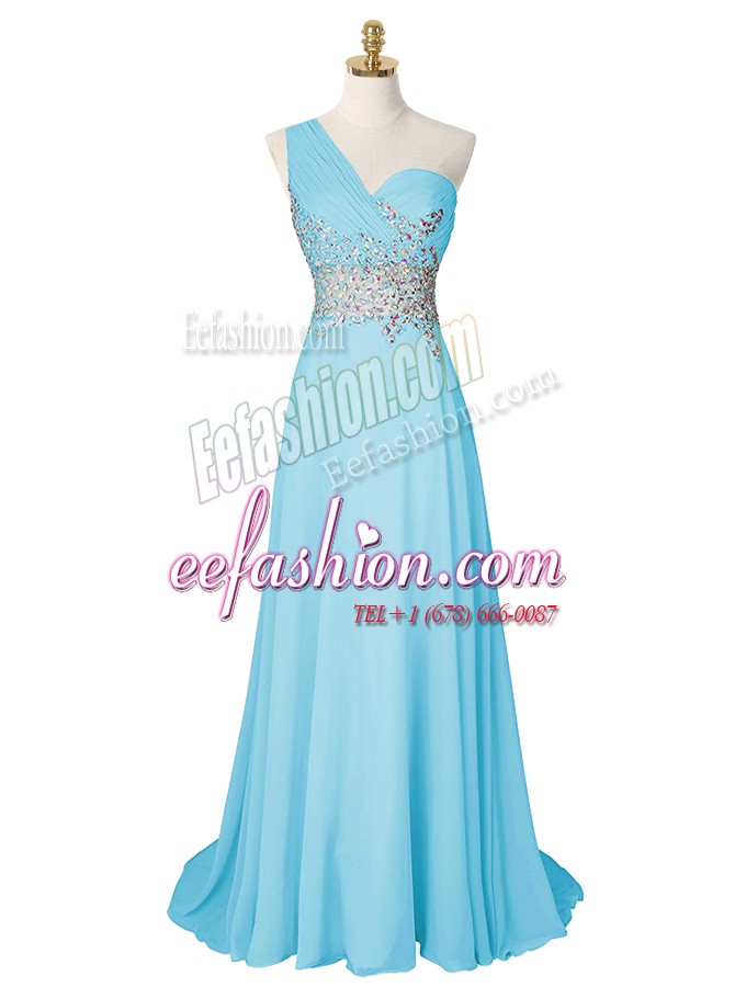 Artistic One Shoulder Beading Mother Of The Bride Dress Aqua Blue Side Zipper Sleeveless With Brush Train
