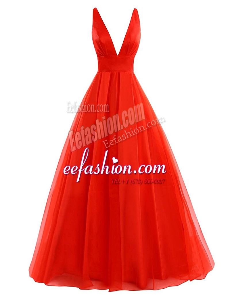Extravagant Coral Red Prom Evening Gown Organza Brush Train Sleeveless Pleated