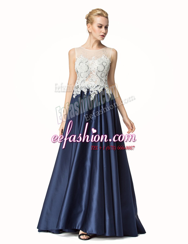 Pretty Navy Blue Sleeveless Beading and Lace Side Zipper Prom Dress