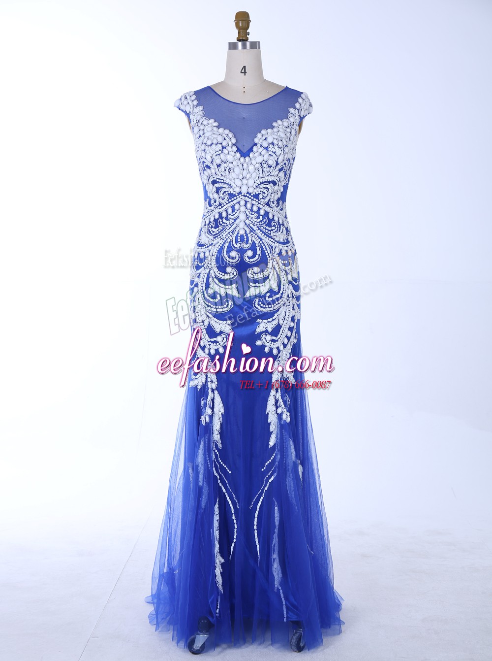  Mermaid Scoop Beading and Appliques Prom Gown Royal Blue Backless Sleeveless Floor Length