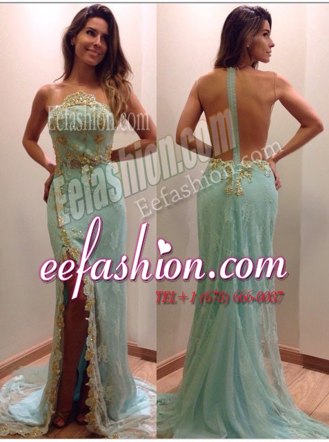  Mermaid Apple Green Sleeveless Court Train Sequins Prom Gown