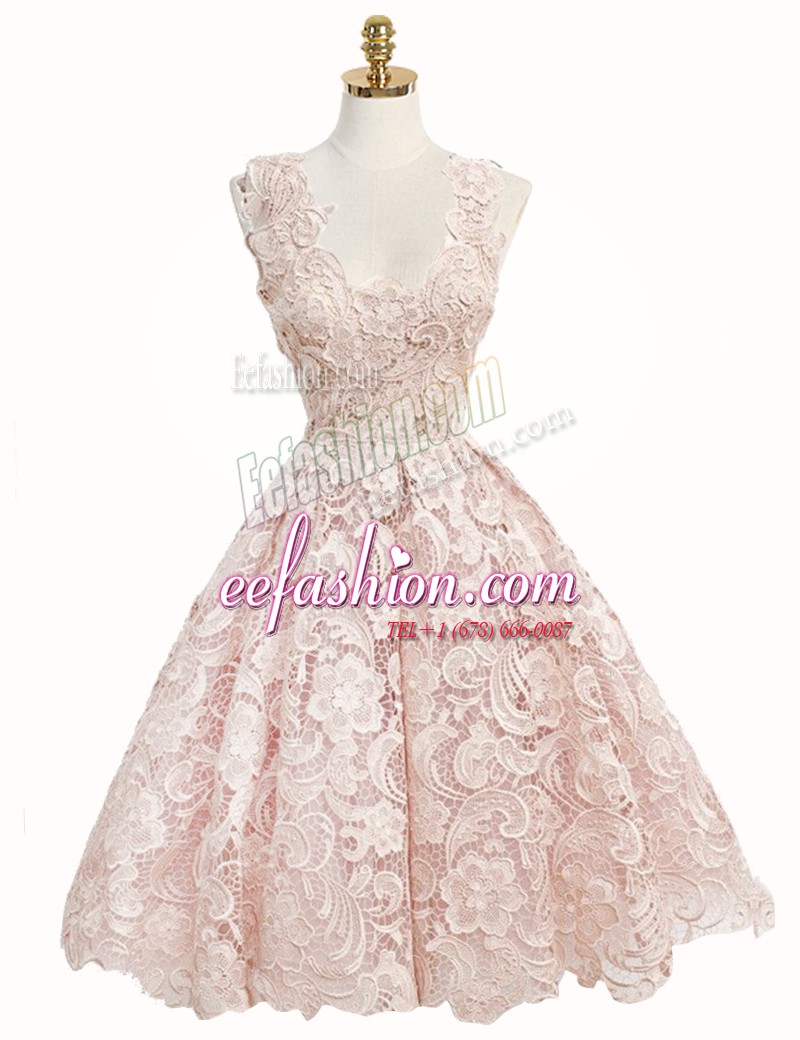  Baby Pink V-neck Neckline Lace Evening Dress Sleeveless Zipper