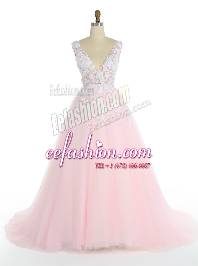  Pink Prom Gown Prom and Party and For with Appliques V-neck Sleeveless Sweep Train Zipper