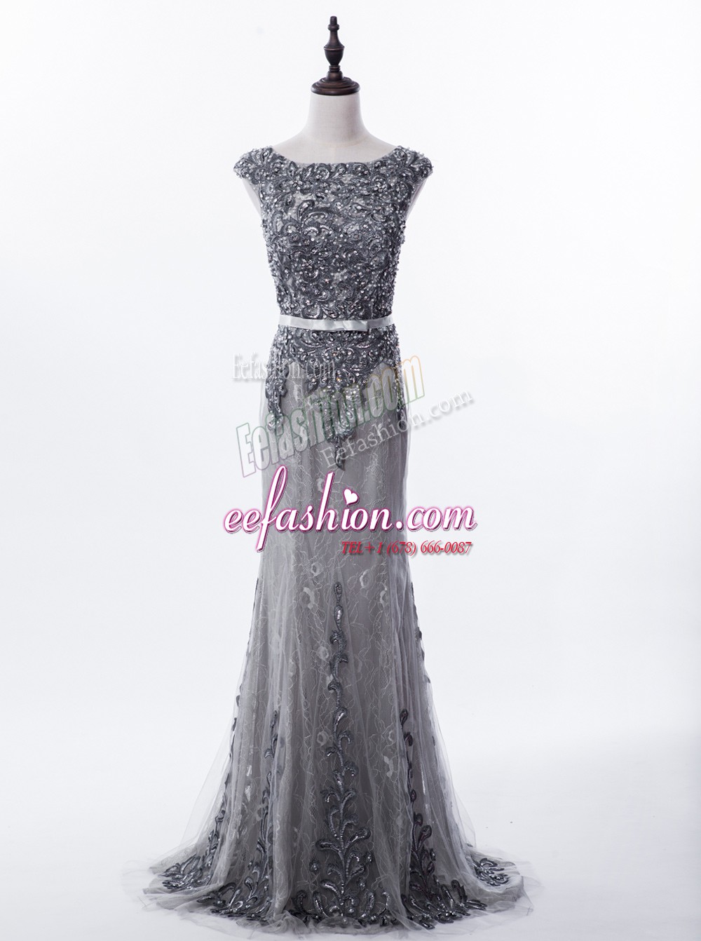  Mermaid Scoop Sleeveless Lace Brush Train Zipper Dress for Prom in Grey with Beading