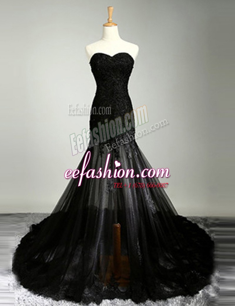 New Style Black Mermaid Sweetheart Sleeveless Tulle With Brush Train Zipper Lace Prom Dress