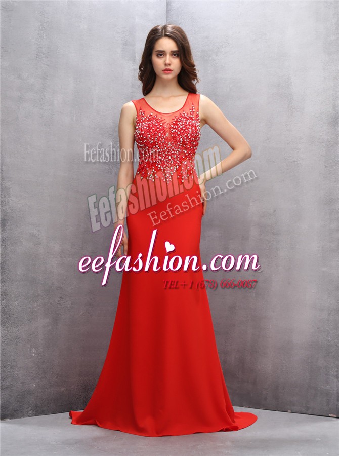 Classical Mermaid Scoop Red Sleeveless With Train Beading and Sequins Zipper Red Carpet Gowns