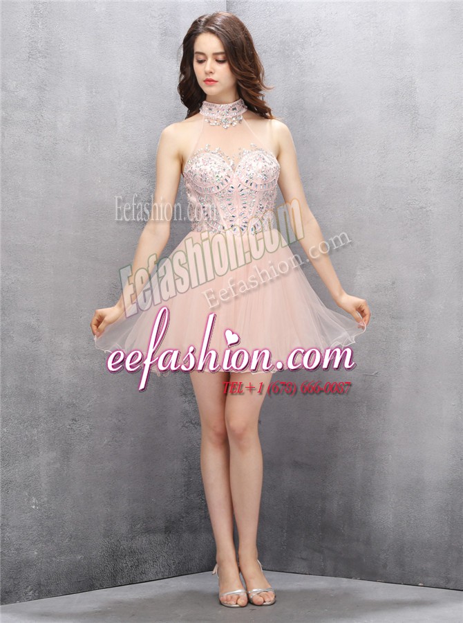  Sequins Baby Pink Sleeveless Tulle Zipper Juniors Party Dress for Prom and Party