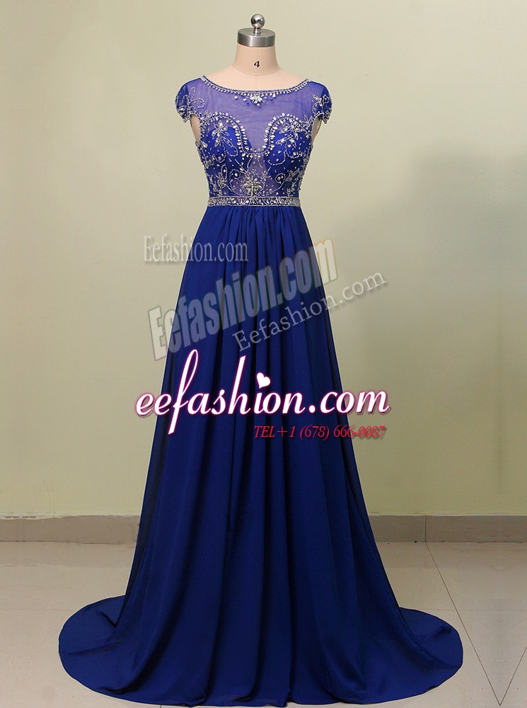  Royal Blue Chiffon Zipper Scoop Cap Sleeves With Train Prom Gown Brush Train Beading