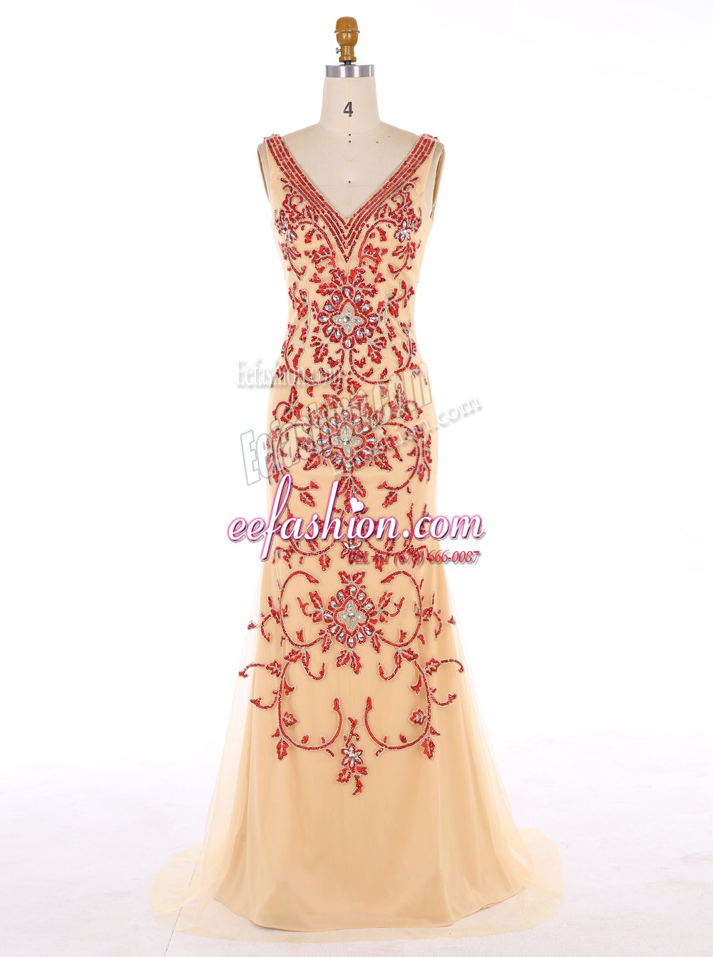 Beauteous Mermaid Champagne Prom Party Dress Prom and Party and For with Beading and Embroidery V-neck Sleeveless Sweep Train Zipper