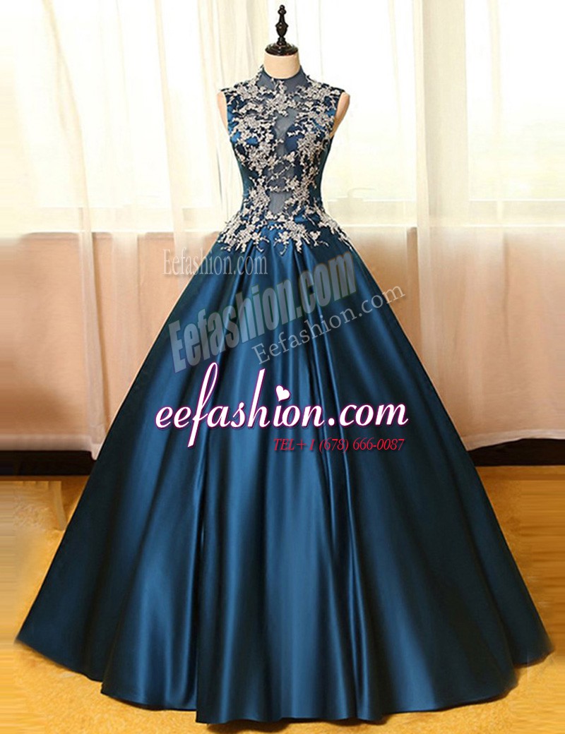 Glamorous Navy Blue Backless Evening Dress Appliques Sleeveless Floor Length
