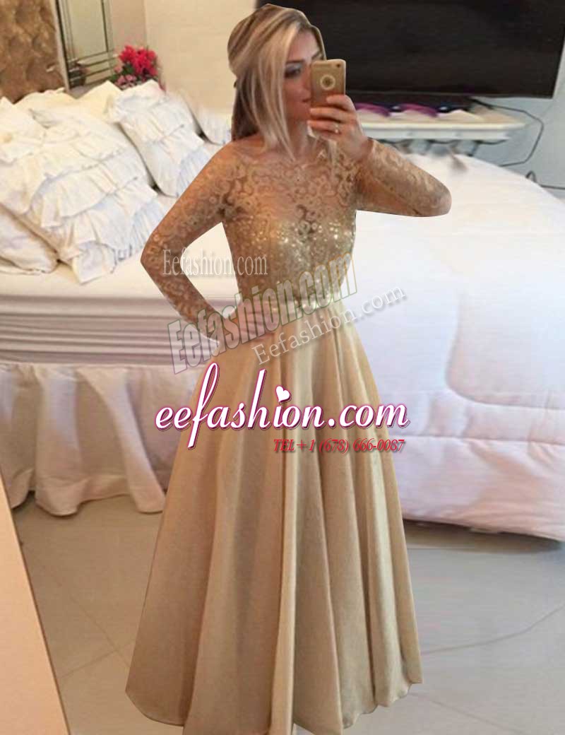 Classical Champagne Zipper Bateau Beading and Lace Prom Dresses Chiffon Long Sleeves