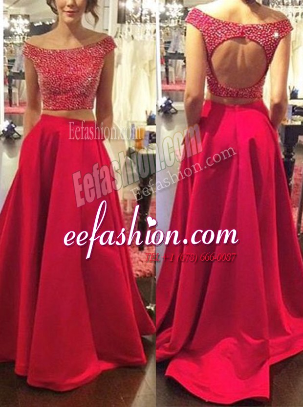 Decent With Train Red Prom Dress Off The Shoulder Sleeveless Sweep Train Backless