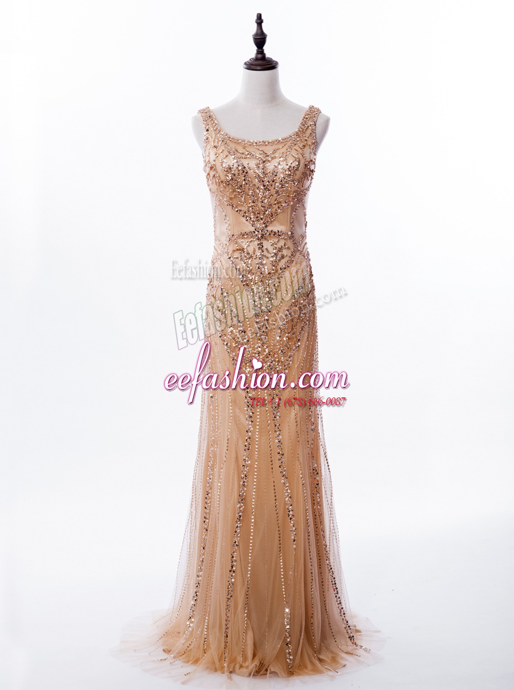 High Quality Mermaid Gold Satin and Tulle Zipper Square Sleeveless Prom Evening Gown Brush Train Beading and Sequins