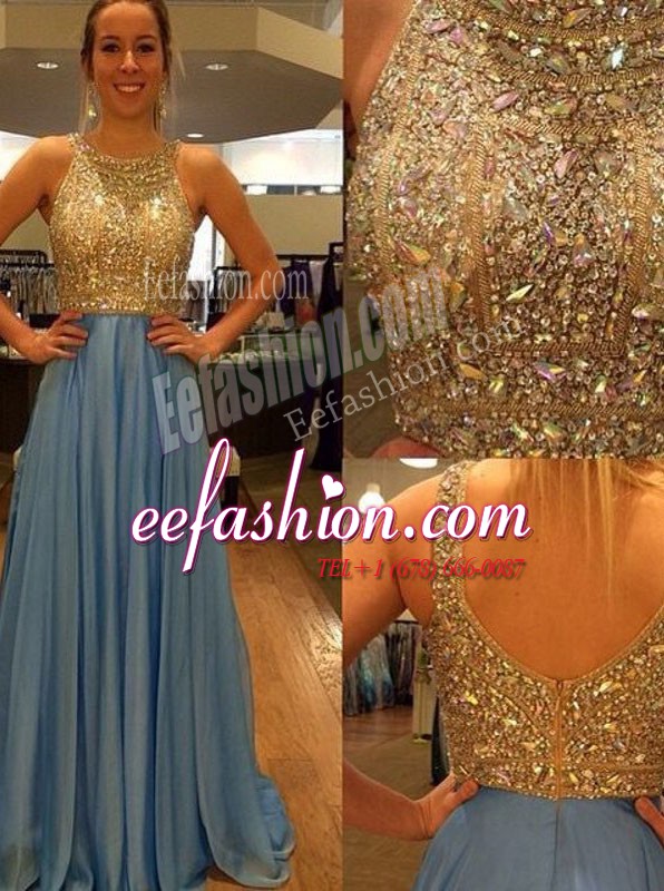  Scoop Sleeveless Chiffon With Brush Train Zipper Prom Evening Gown in Blue with Sequins