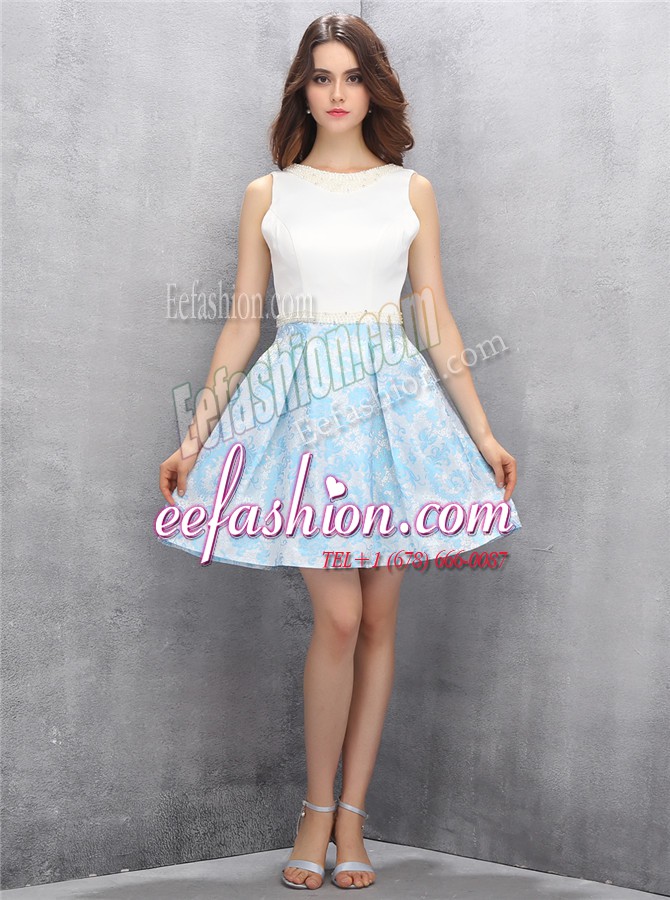 Pretty A-line Homecoming Dress Blue And White Scoop Satin Sleeveless Mini Length Zipper