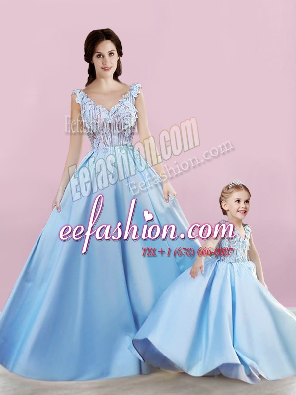  Baby Blue A-line Satin Sleeveless Appliques Floor Length Lace Up Mother Of The Bride Dress