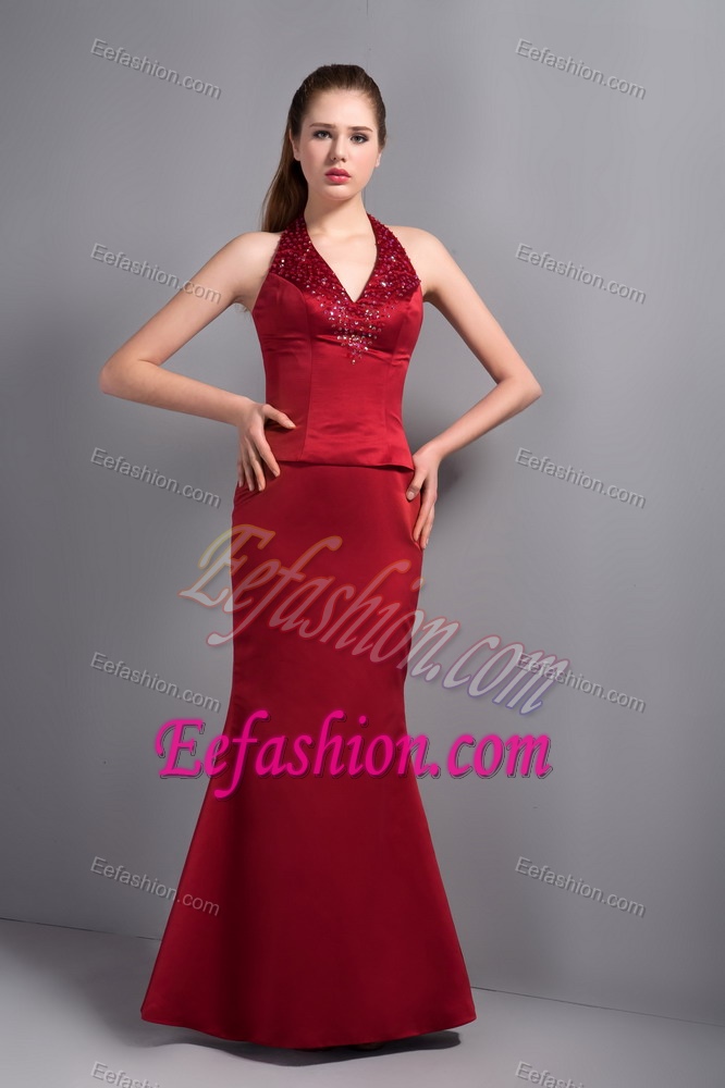 Popular Wine Red Satin Mermaid Mother of the Bride Dress with Halter Top