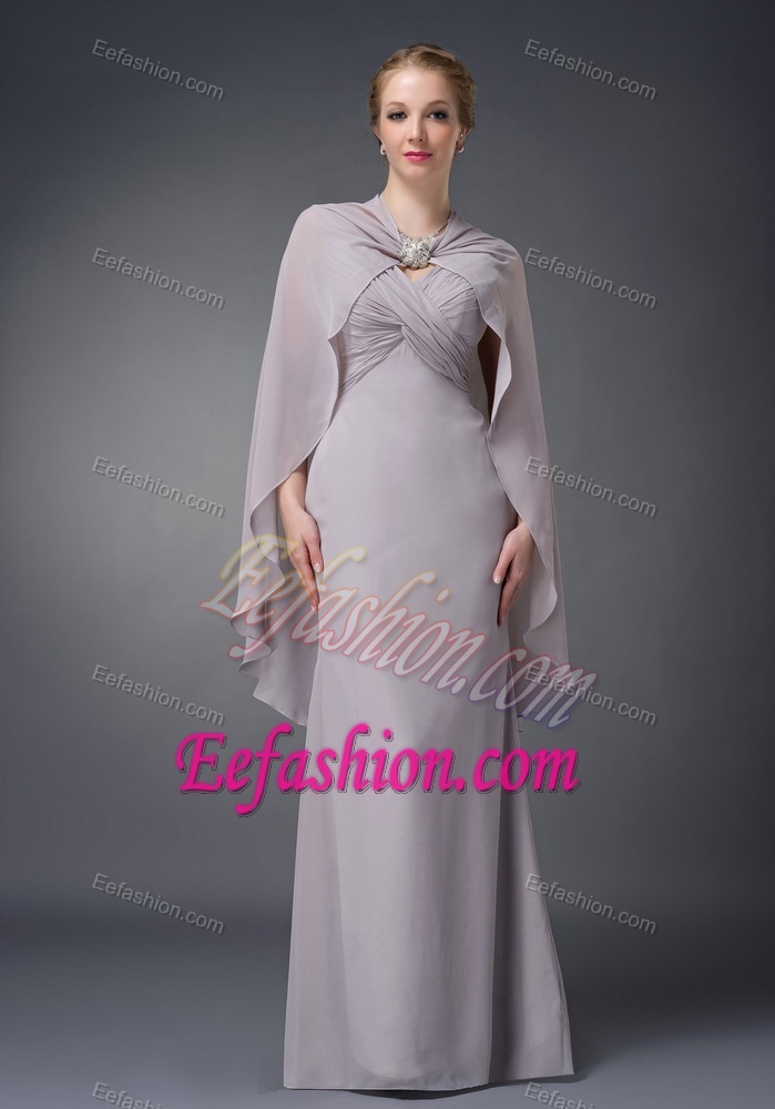 Grey V-neck Long Chiffon Mother of the Bride Dress with Ruched s