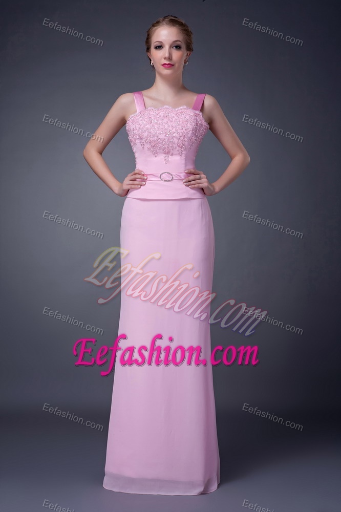 Straps Long Chiffon Beaded Mother of the Bride Dresses in Pink