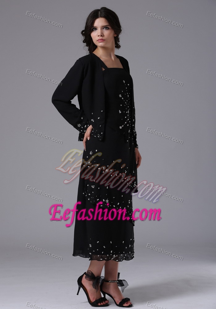 Beaded and Ruffled Mother of the Bride Dresses in Black with Tea-length