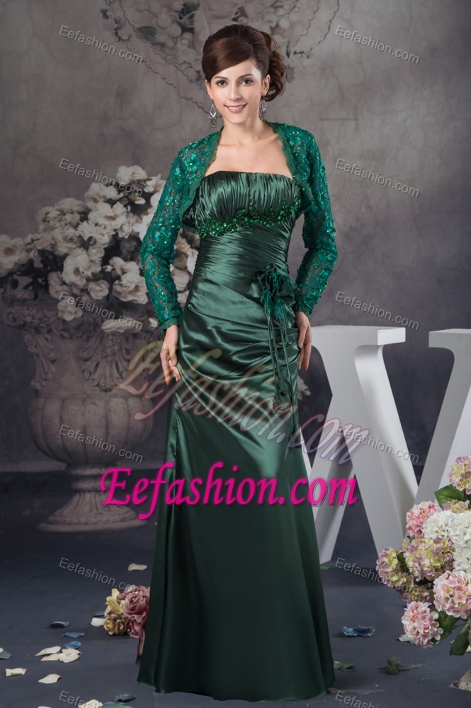 Ruched and Appliqued Hunter Green Mother of the Bride Dress with Flower