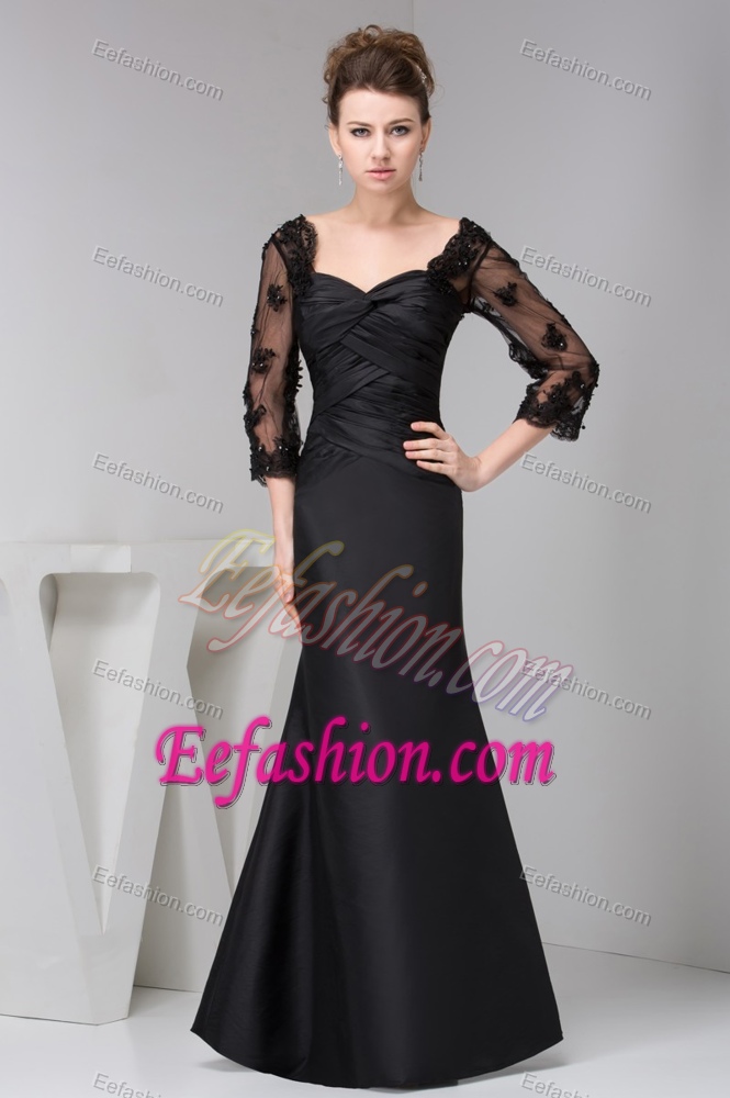 Satin Ruched Black Mermaid Mother of the Bride Dresses with 3/4 Sleeves