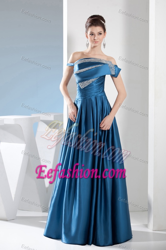 Off-the-shoulder Ruched and Beaded Mother of the Bride Dress in Taffeta