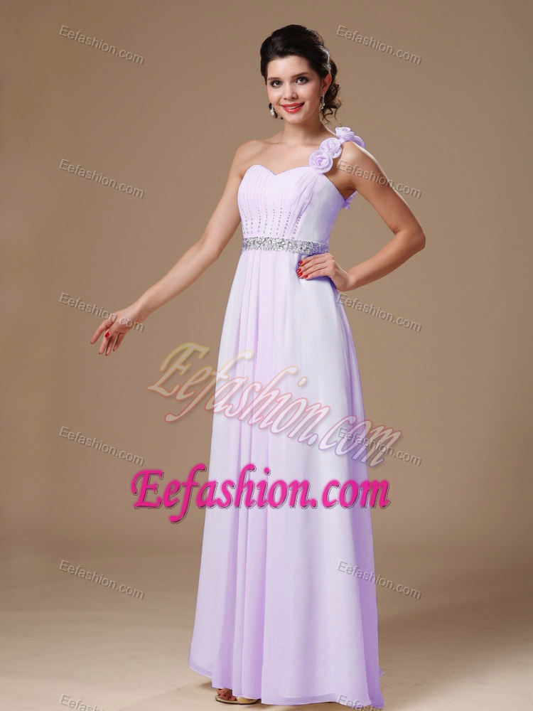 Baby Pink Long One Shoulder Ruched Beaded Prom Dress with Flowers