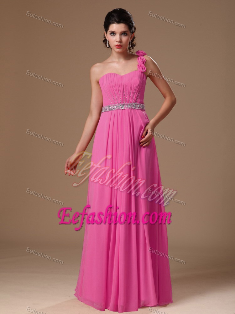 Hot Pink One Shoulder Long Ruched Beaded Prom Dresses with Flowers