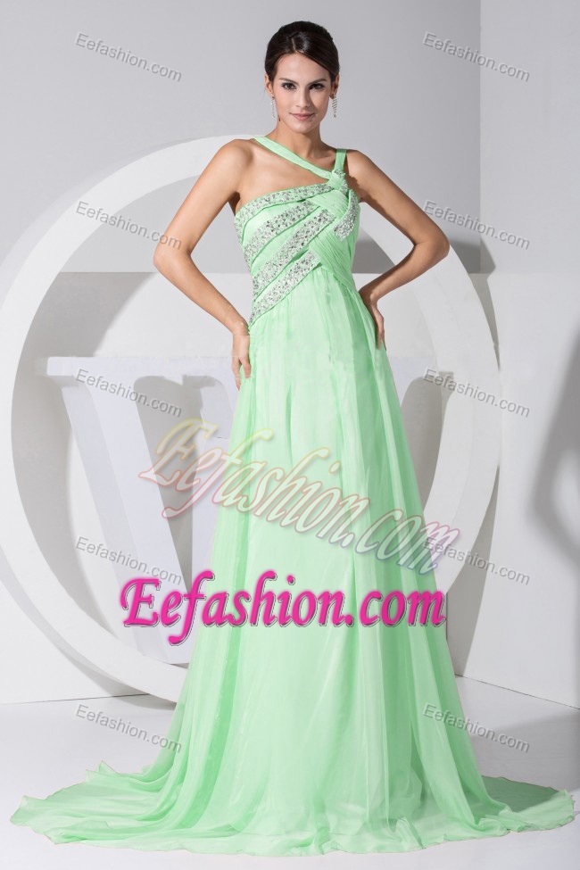 Custom Made Apple Green Asymmetrical Chiffon Prom Gown with Beading