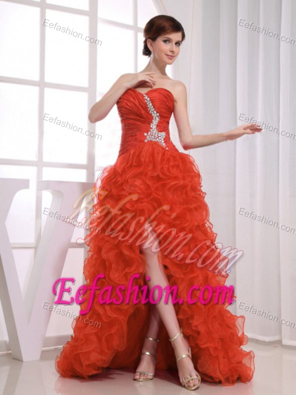 Beaded A-line High-low Rust Red Prom Dresses for Slim Girls with Ruffles