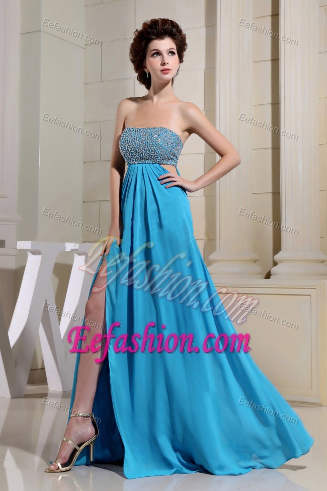 Sexy Aqua Blue High Slit Beaded and Ruched Prom Dresses to Floor-length