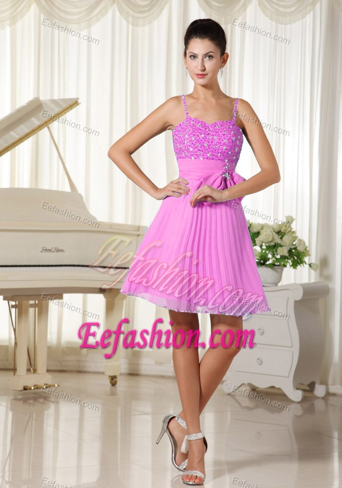 Spaghetti Straps Princess Beaded Junior Prom Dresses with Bowknot in Pink