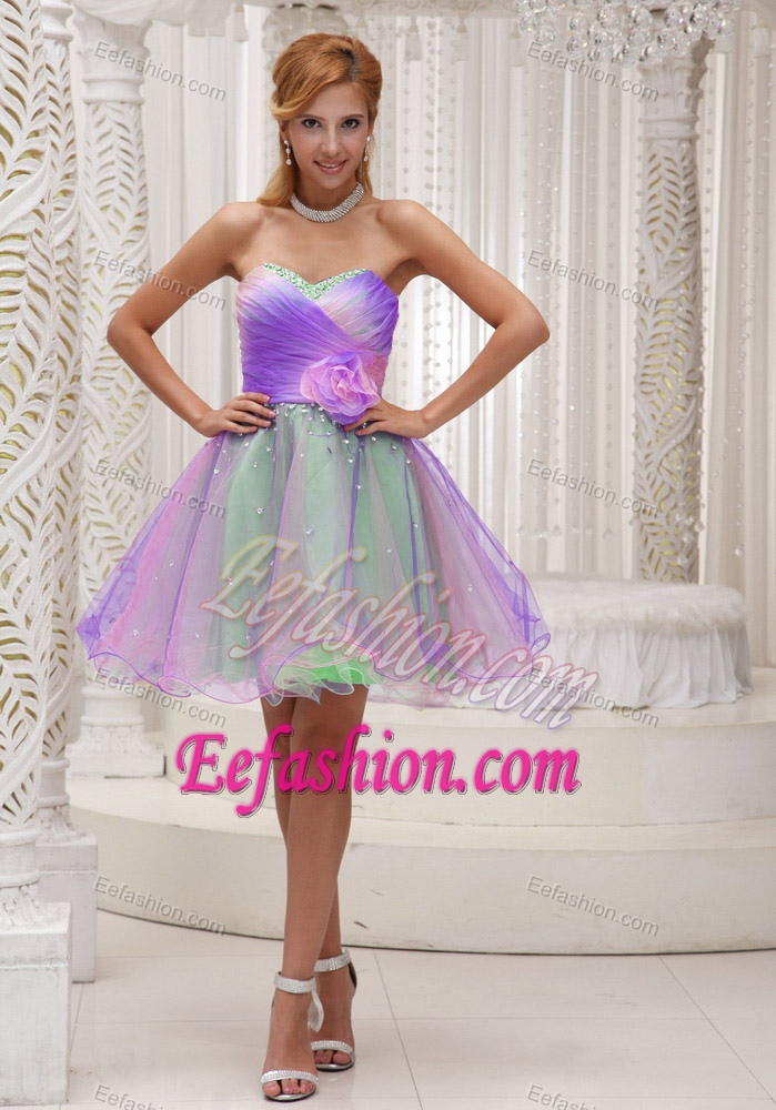 Lovely Ombre Color Organza Prom Outfits with Flower and Ruched Bodice