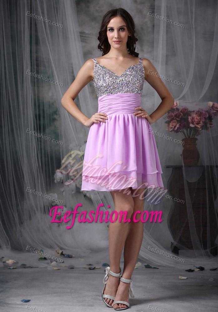 Lovely Beaded Chiffon Lavender Empire Straps Prom Dress for Short Girls