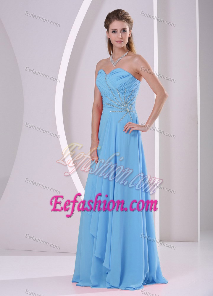 Elegant Aqua Blue Chiffon Sweetheart Prom Dress with Beading and Ruche