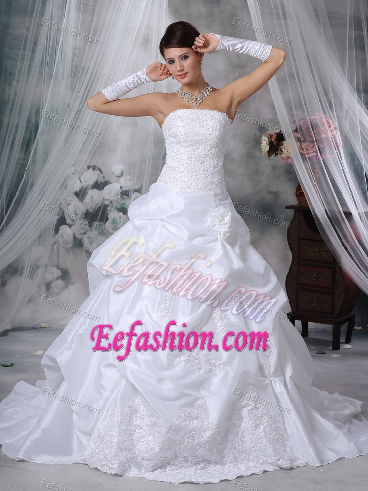 Strapless Court Train Wedding Dresses with Appliques and Flowers
