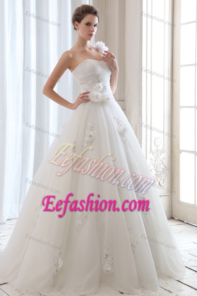 Inexpensive A-line One Shoulder Long Wedding Dress with Flowers