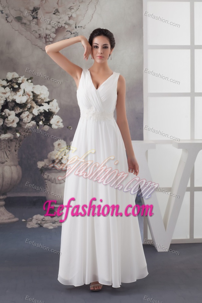 Cheap V-neck Ruched Ankle-length White Wedding Attires with Appliques
