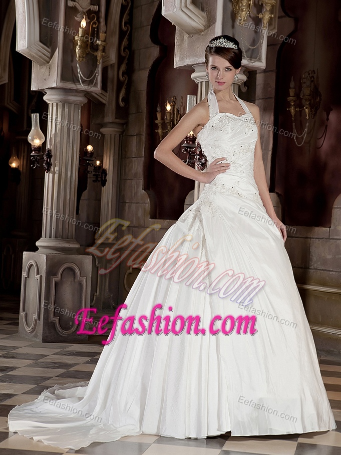 Ball Gown Halter Court Train Wedding Dress with Beading and Appliques