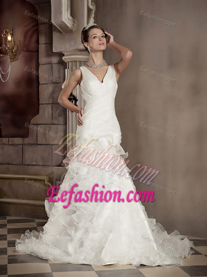 Mermaid V-neck Chapel Train Wedding Gown Dress for Cheap with Ruffles