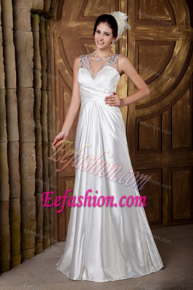 V-neck Long Wedding Party Dresses in Elastic Woven Satin with Beadings