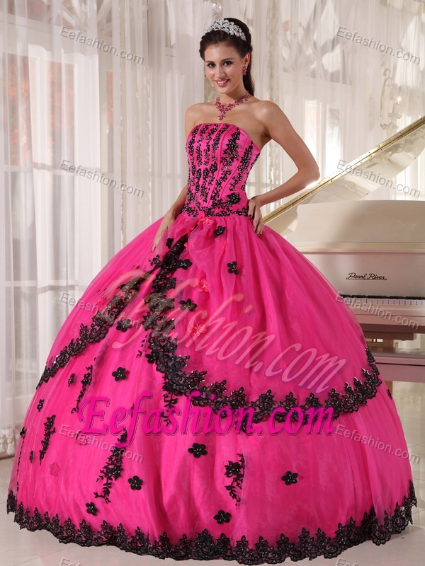 Hot Pink Strapless Layered Organza Quinceanera Dress with Appliques on Sale