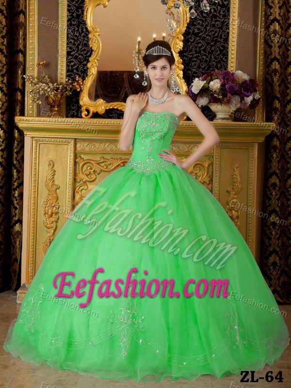 Spring Green Strapless Organza Beading 2013 Dresses for A Quinceanera