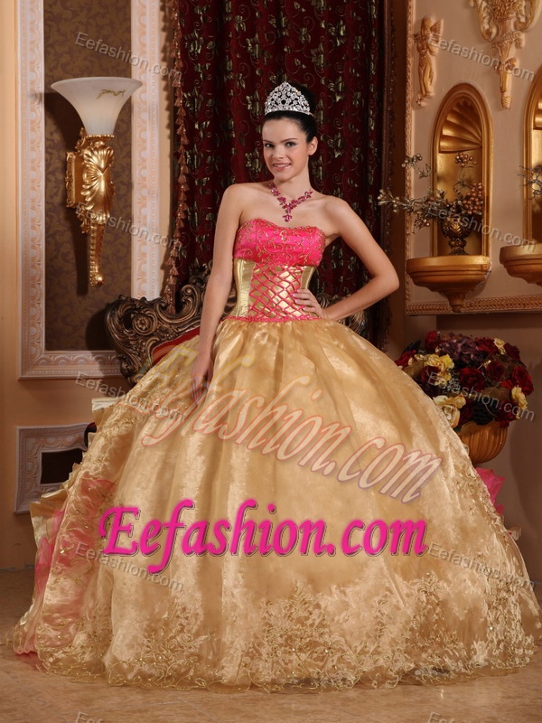Gold and Hot Pink for Strapless Organza Embroidery Quinceanera Dresses