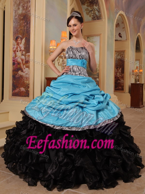 Blue and Black Sweetheart Ruffles Quinceanera Dress in and Organza